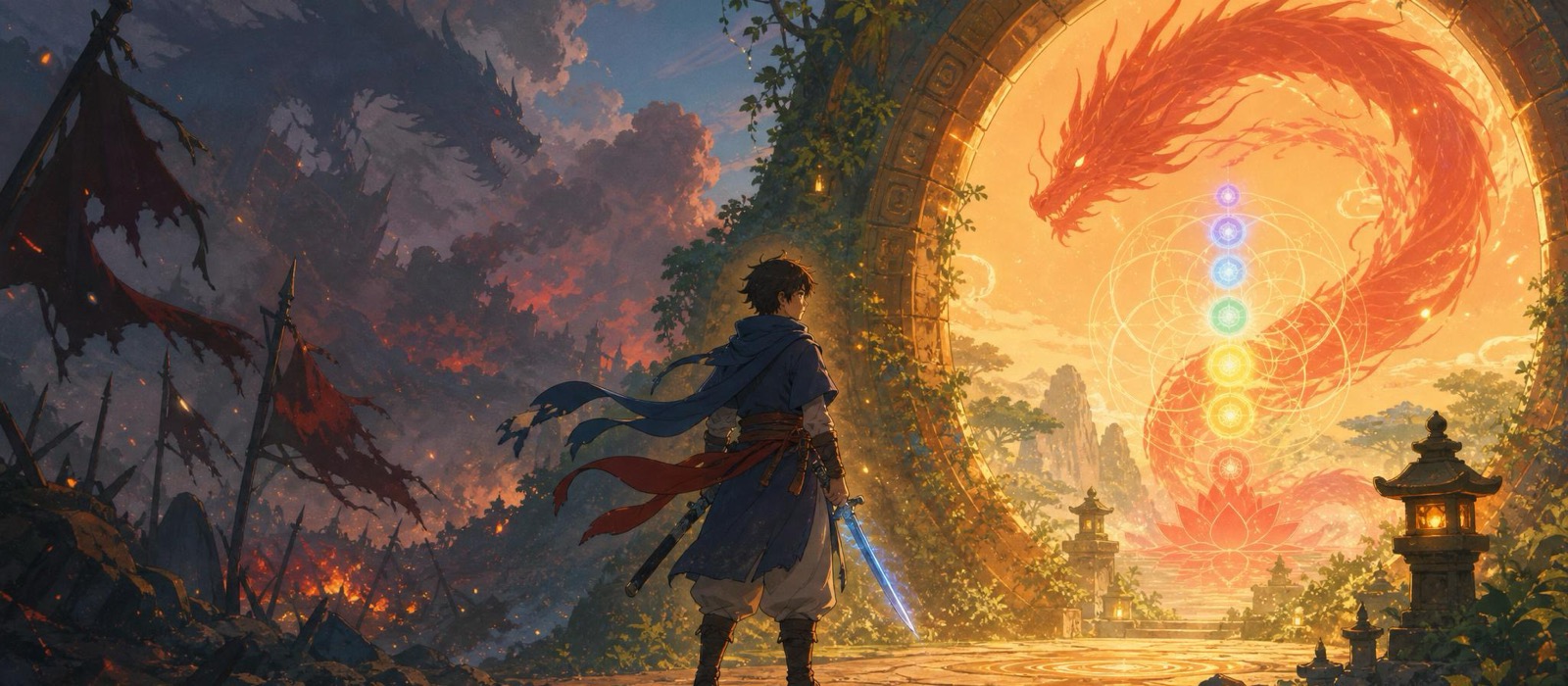 A Dragons Within hero standing between an outer-world battle and a luminous inner dragon gate.